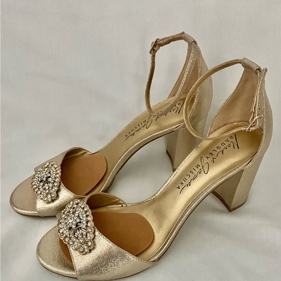 Gold Pumps gold Rose jewels chunky heels ankle strap Mischa Prom Wedding - Picture 1 of 16